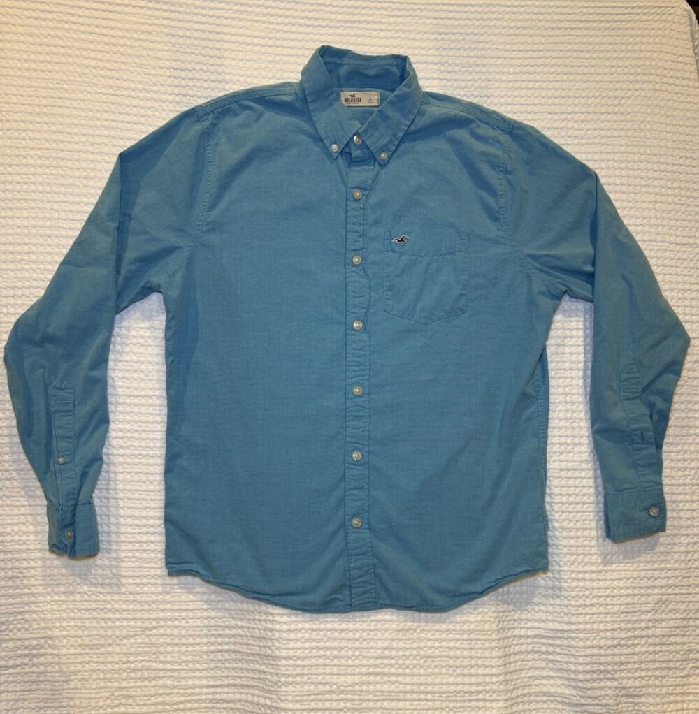 Hollister Men's L Blue Solid Cotton Woven Embroidered Pocket Button-Down